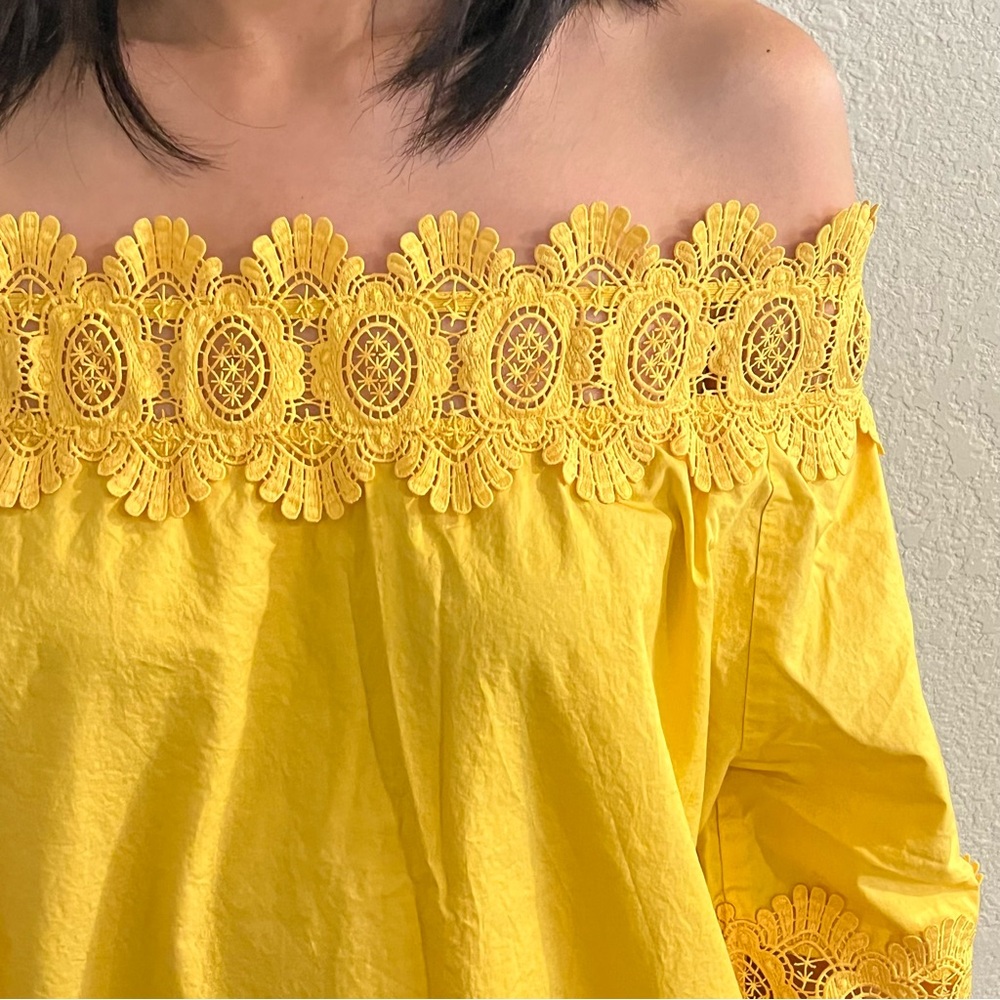 Yellow Off-Shoulder Lace Trim Top